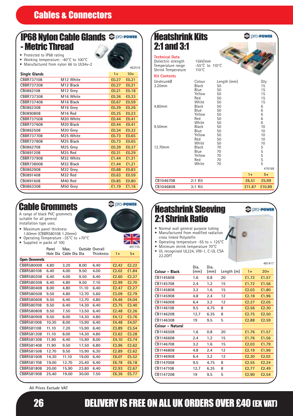 26 delivery is free on all uk orders over £40, Heatshrink kits 2:1 and 3:1, Heatshrink sleeving 2:1 shrink ratio | Cable grommets, Ip68 nylon cable glands - metric thread, Cables & connectors, Ex vat) | Bosch LHM0610 User Manual | Page 26 / 148