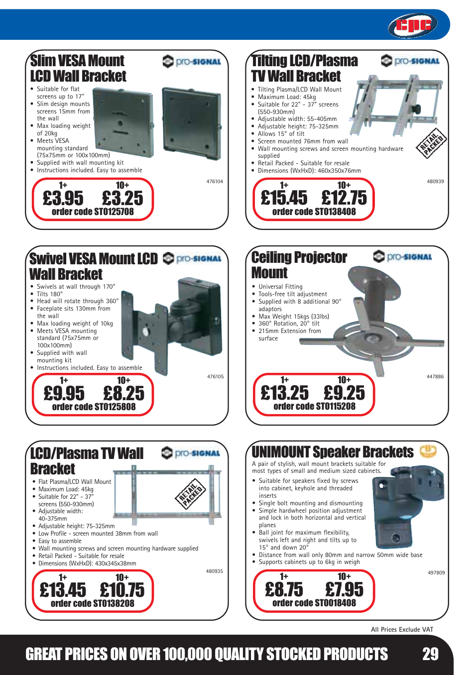 Unimount speaker brackets ceiling projector mount, Slim vesa mount lcd wall bracket, Swivel vesa mount lcd wall bracket | Lcd/plasma tv wall bracket, Tilting lcd/plasma tv wall bracket | Bosch LHM0610 User Manual | Page 29 / 148