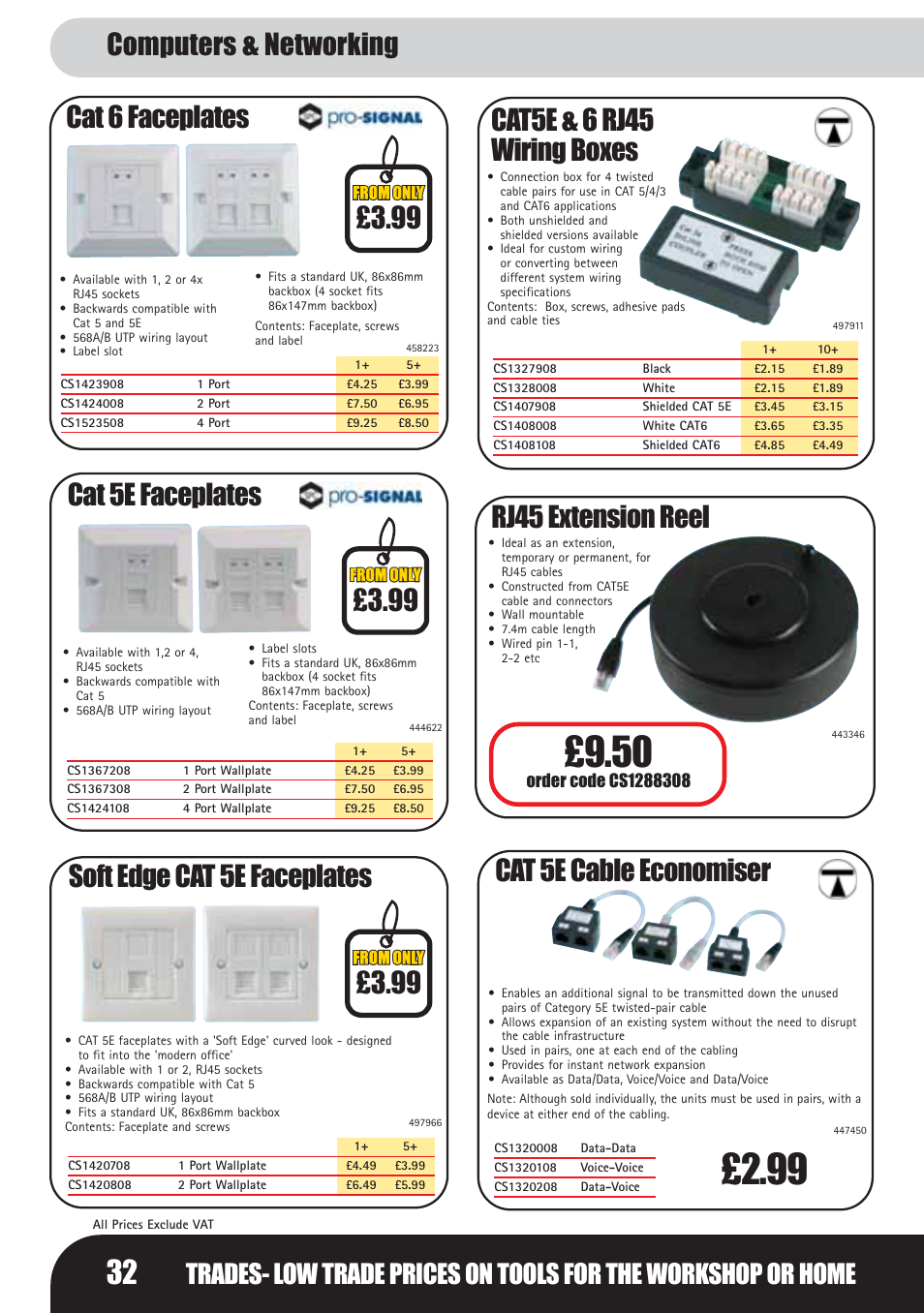 Cat 6 faceplates, Cat 5e faceplates, Soft edge cat 5e faceplates | Cat5e & 6 rj45 wiring boxes, Rj45 extension reel, Cat 5e cable economiser, 99 computers & networking | Bosch LHM0610 User Manual | Page 32 / 148