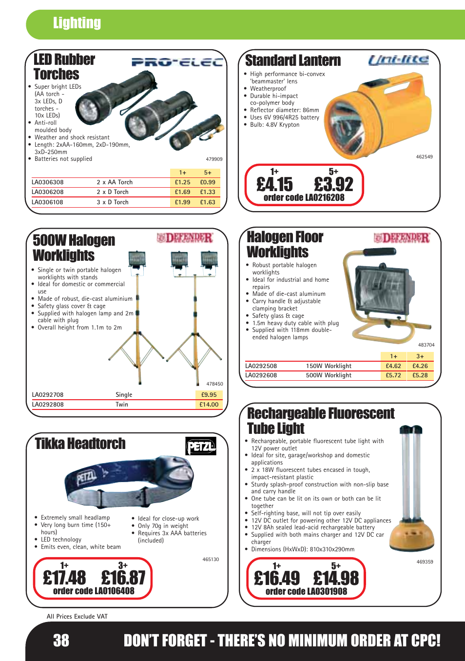 38 don’t forget - there’s no minimum order at cpc, Halogen floor worklights, 500w halogen worklights | Rechargeable fluorescent tube light, Lighting | Bosch LHM0610 User Manual | Page 38 / 148