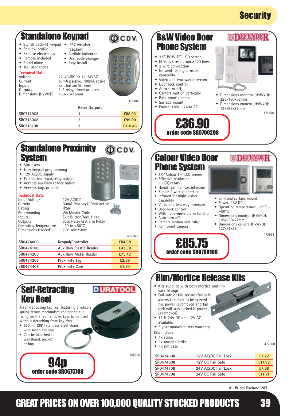 Standalone keypad, Standalone proximity system, Self-retracting key reel | B&w video door phone system, Colour video door phone system, Rim/mortice release kits, Security | Bosch LHM0610 User Manual | Page 39 / 148