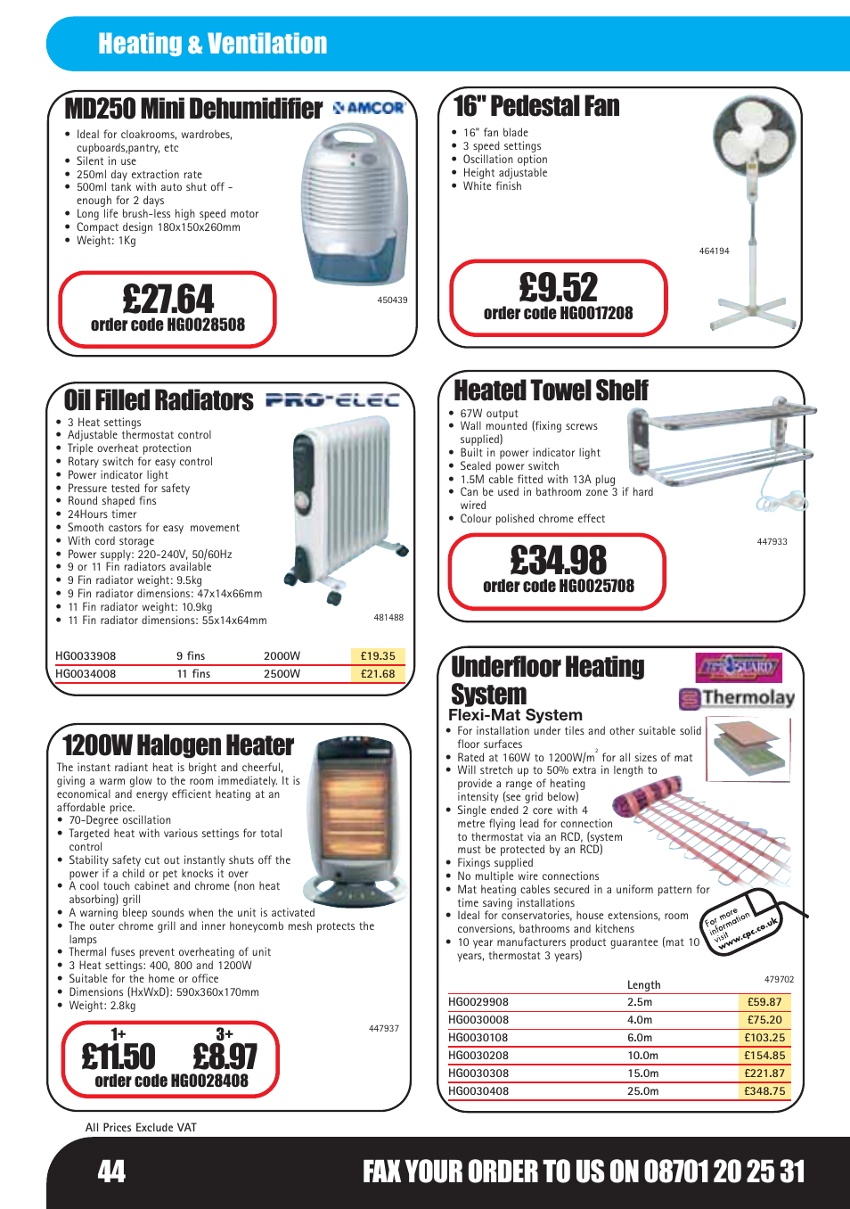 Md250 mini dehumidifier, Oil filled radiators, 1200w halogen heater | 16" pedestal fan, Heated towel shelf, Underfloor heating system, Heating & ventilation | Bosch LHM0610 User Manual | Page 44 / 148