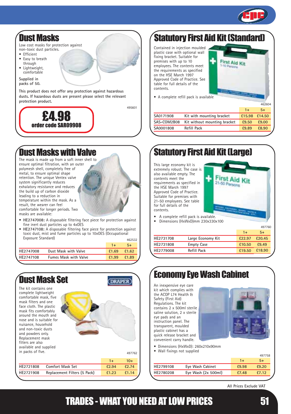 Trades - what you need at low prices 51, Dust masks, Dust masks with valve | Dust mask set, Statutory first aid kit (large), Economy eye wash cabinet, Statutory first aid kit (standard) | Bosch LHM0610 User Manual | Page 51 / 148