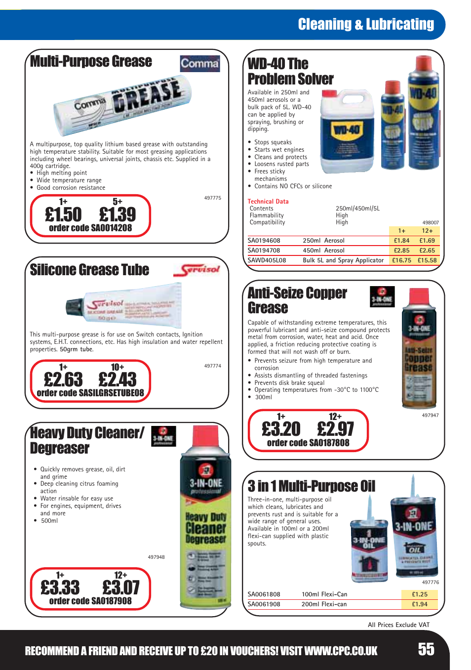 Multi-purpose grease, Silicone grease tube, Anti-seize copper grease | Heavy duty cleaner/ degreaser, Wd-40 the problem solver, 3 in 1 multi-purpose oil, Cleaning & lubricating | Bosch LHM0610 User Manual | Page 55 / 148