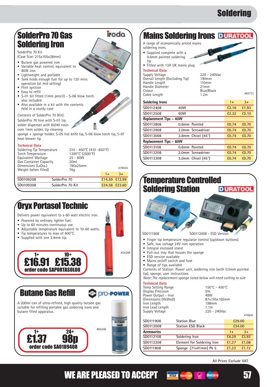 37 98p, We are pleased to accept 57, Solderpro 70 gas soldering iron | Butane gas refill, Mains soldering irons, Temperature controlled soldering station, Oryx portasol technic, Soldering, Order code saportasol08 | Bosch LHM0610 User Manual | Page 57 / 148