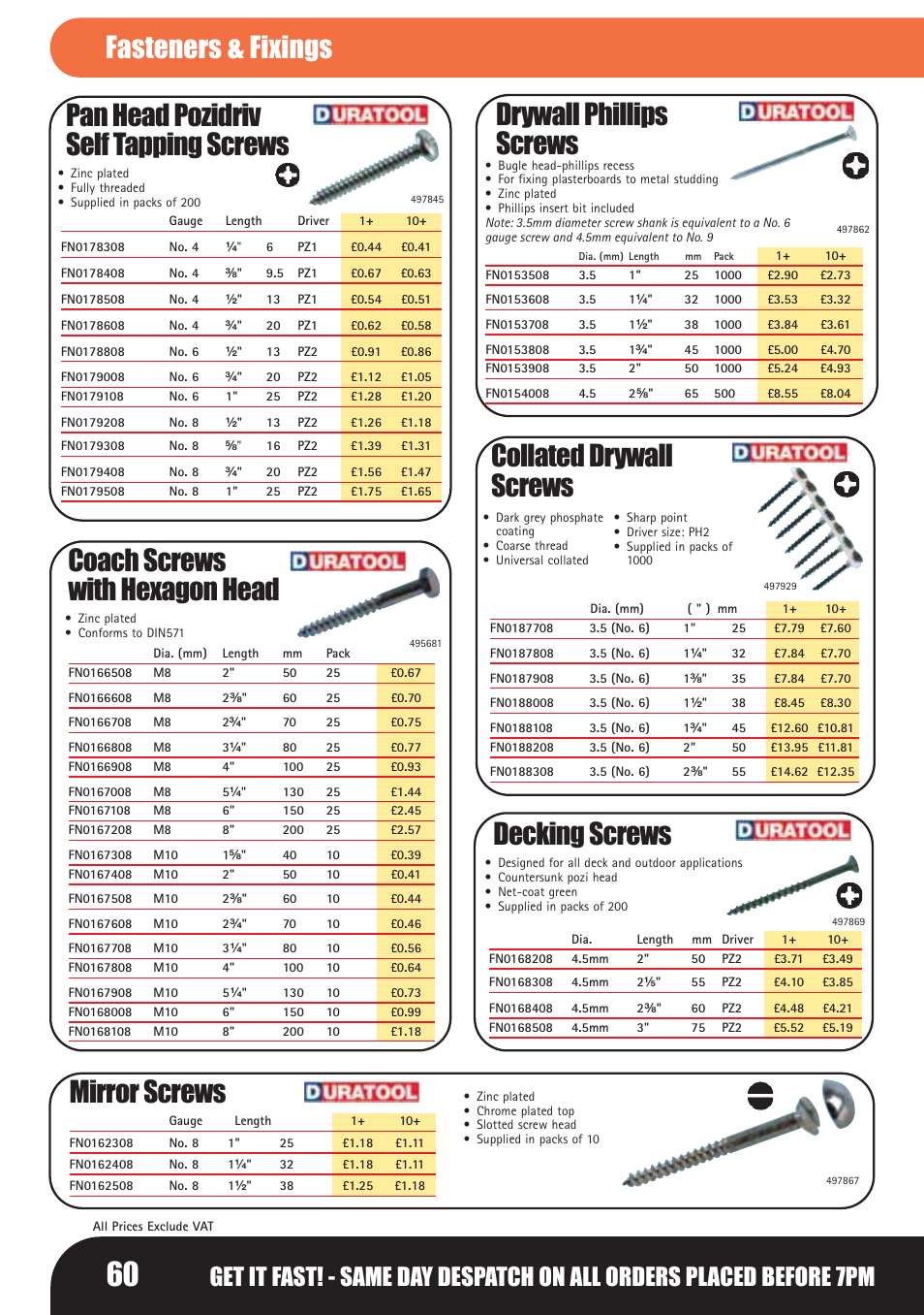 Coach screws with hexagon head, Drywall phillips screws, Collated drywall screws | Decking screws, Mirror screws | Bosch LHM0610 User Manual | Page 60 / 148