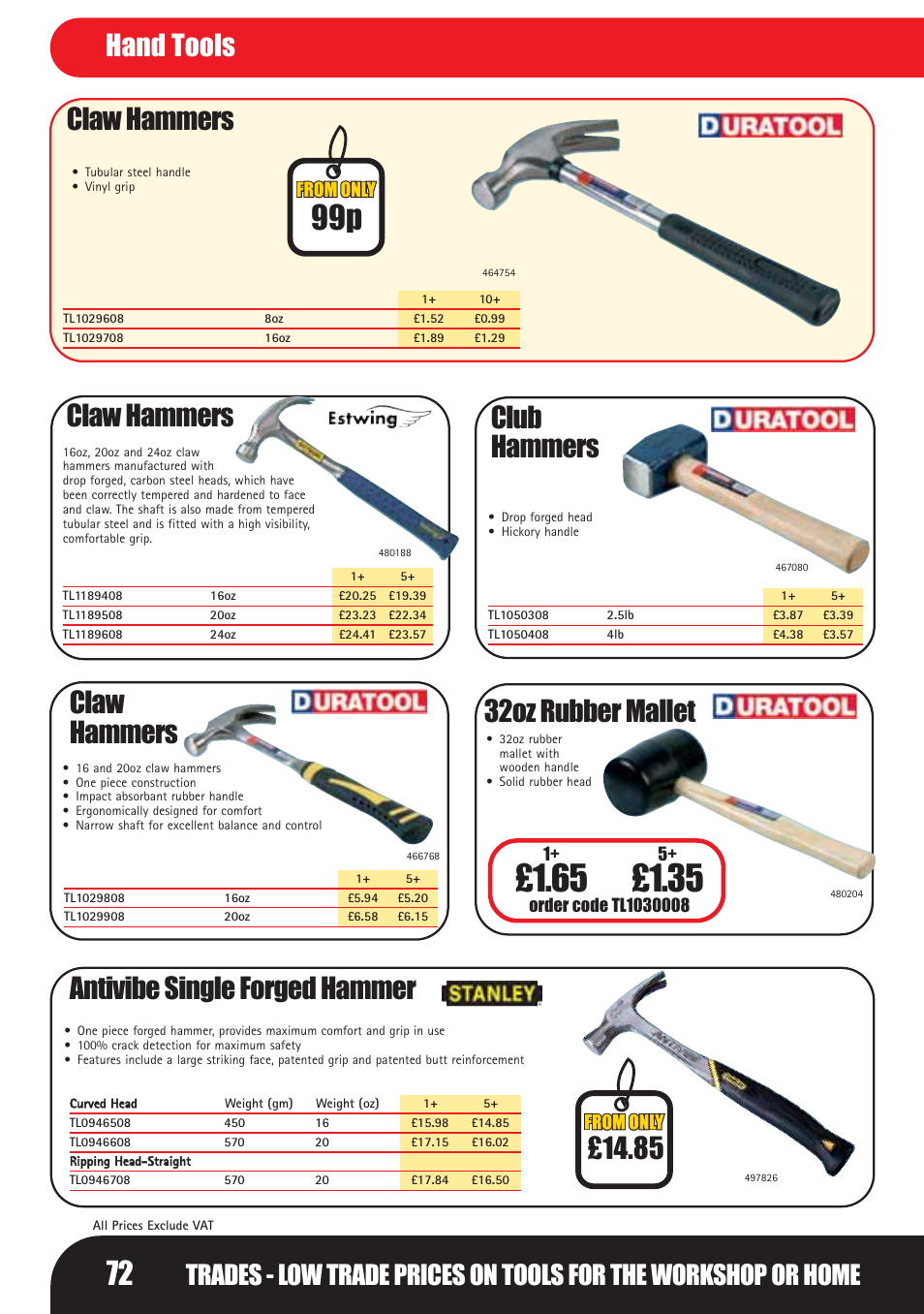 Claw hammers, Club hammers, Hand tools | Bosch LHM0610 User Manual | Page 72 / 148