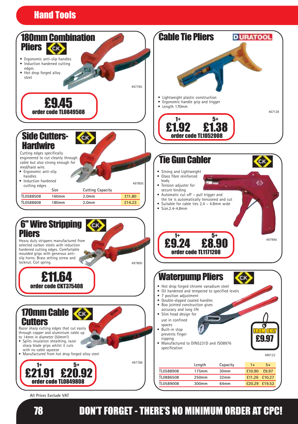 78 don’t forget - there’s no minimum order at cpc, 180mm combination pliers, 6" wire stripping pliers | 170mm cable cutters, Tie gun cabler, Waterpump pliers, Side cutters- hardwire cable tie pliers hand tools | Bosch LHM0610 User Manual | Page 78 / 148