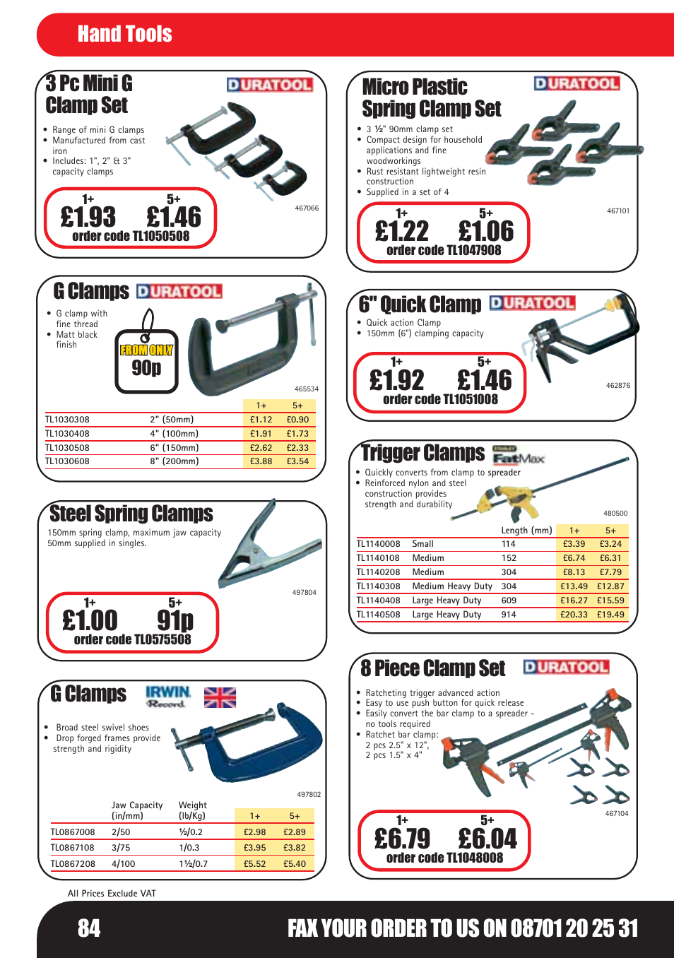 00 91p, 3 pc mini g clamp set, G clamps | Steel spring clamps, 6" quick clamp, Trigger clamps, Micro plastic spring clamp set, 8 piece clamp set, Hand tools | Bosch LHM0610 User Manual | Page 84 / 148