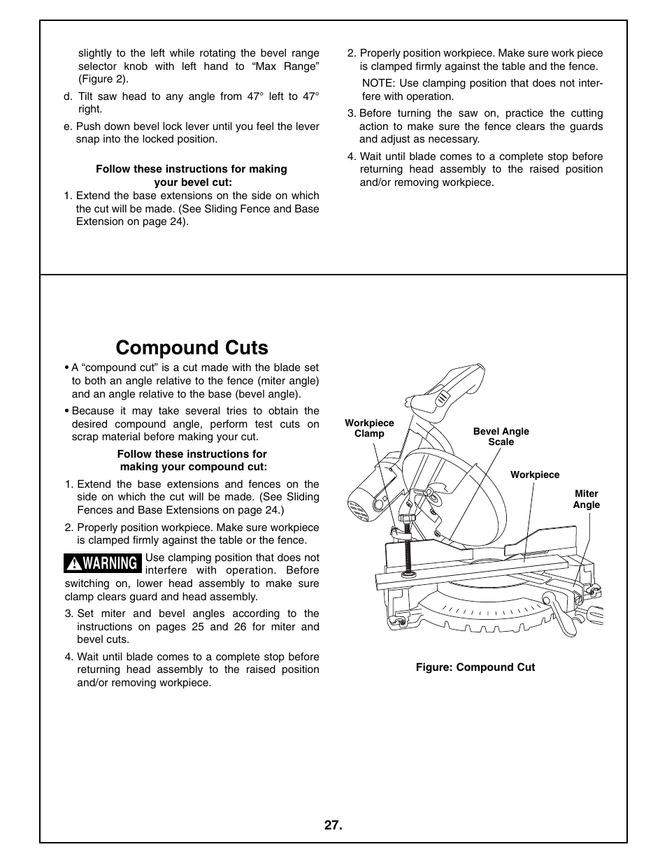 Compound cuts, Warning | Bosch 4212L User Manual | Page 27 / 112