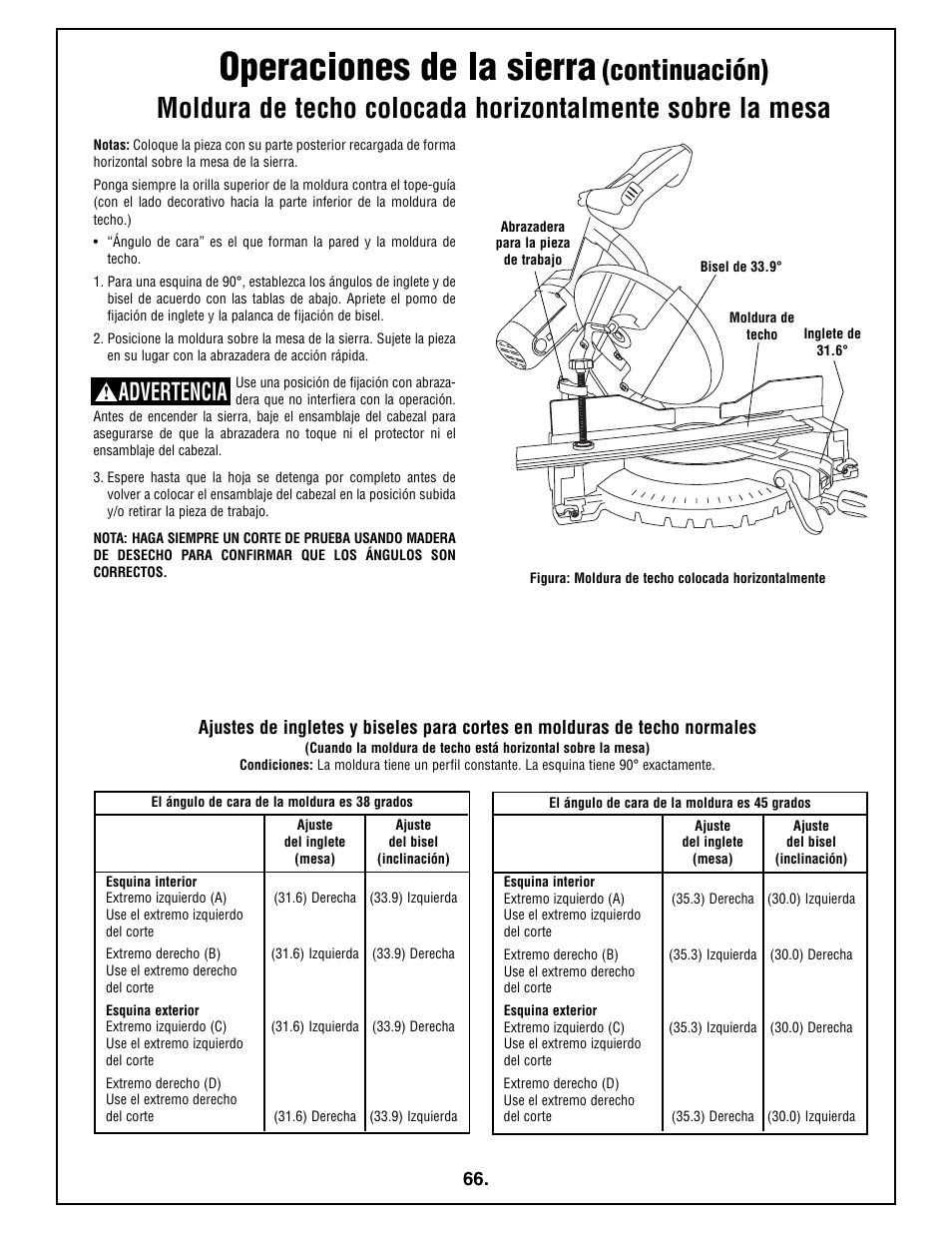 Operaciones de la sierra, Advertencia | Bosch 4212L User Manual | Page 66 / 112