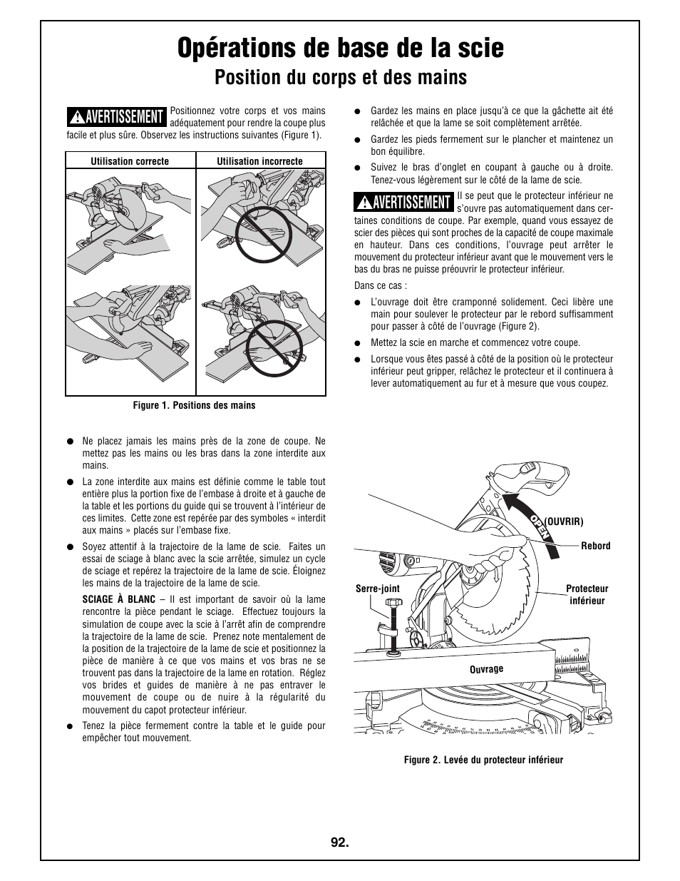 Opérations de base de la scie, Position du corps et des mains, Avertissement | Bosch 4212L User Manual | Page 92 / 112