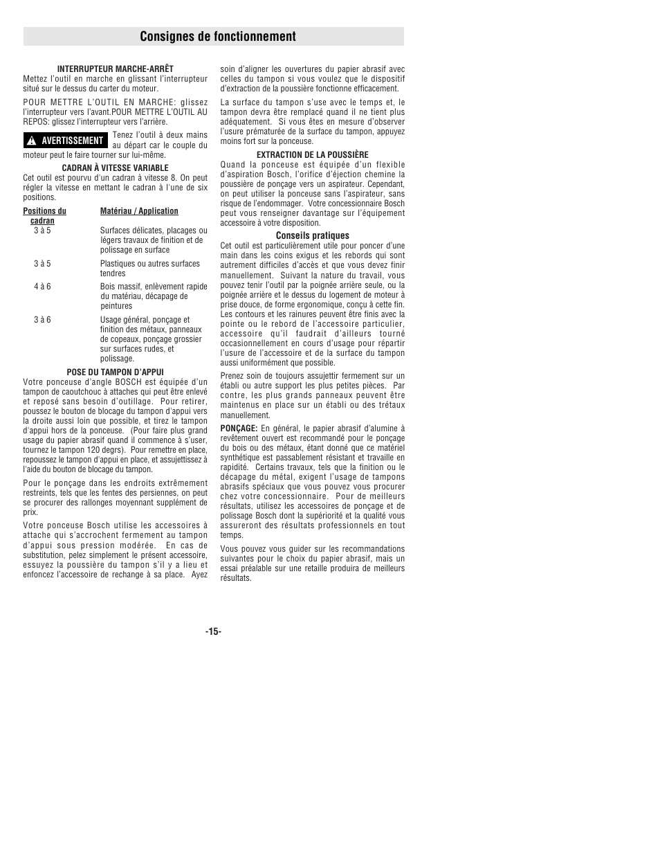 Consignes de fonctionnement | Bosch 1294VSK User Manual | Page 15 / 28
