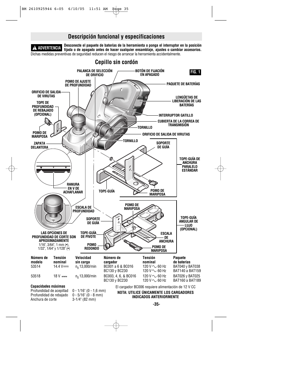 Descripción funcional y especificaciones, Cepillo sin cordón | Bosch 53518 User Manual | Page 35 / 44