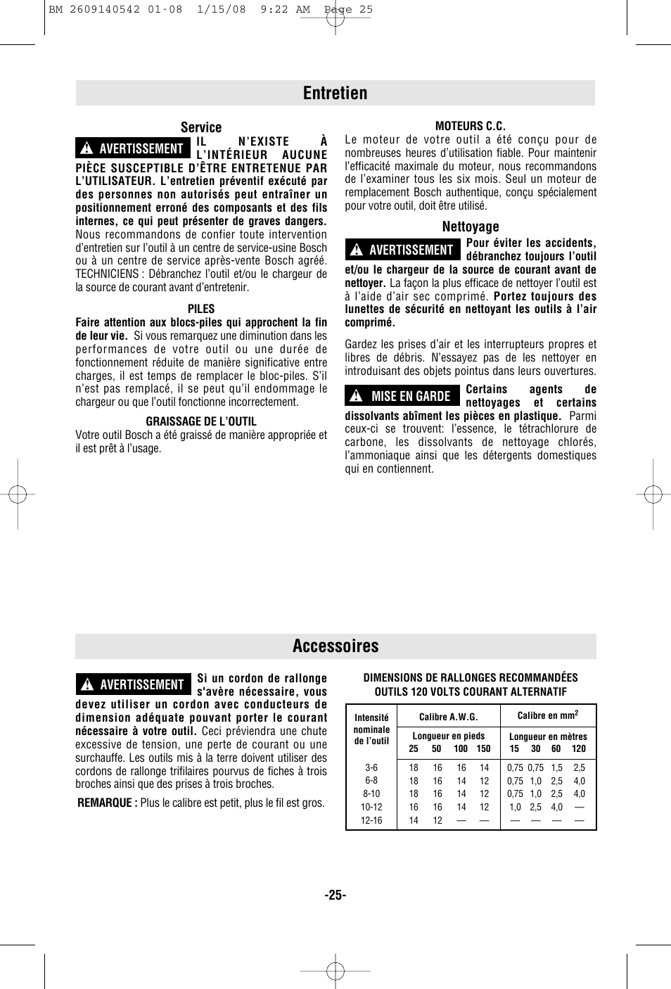 Entretien, Accessoires, Service | Nettoyage, Avertissement ! -25- avertissement ! mise en garde, Avertissement | Bosch PS20 User Manual | Page 25 / 40