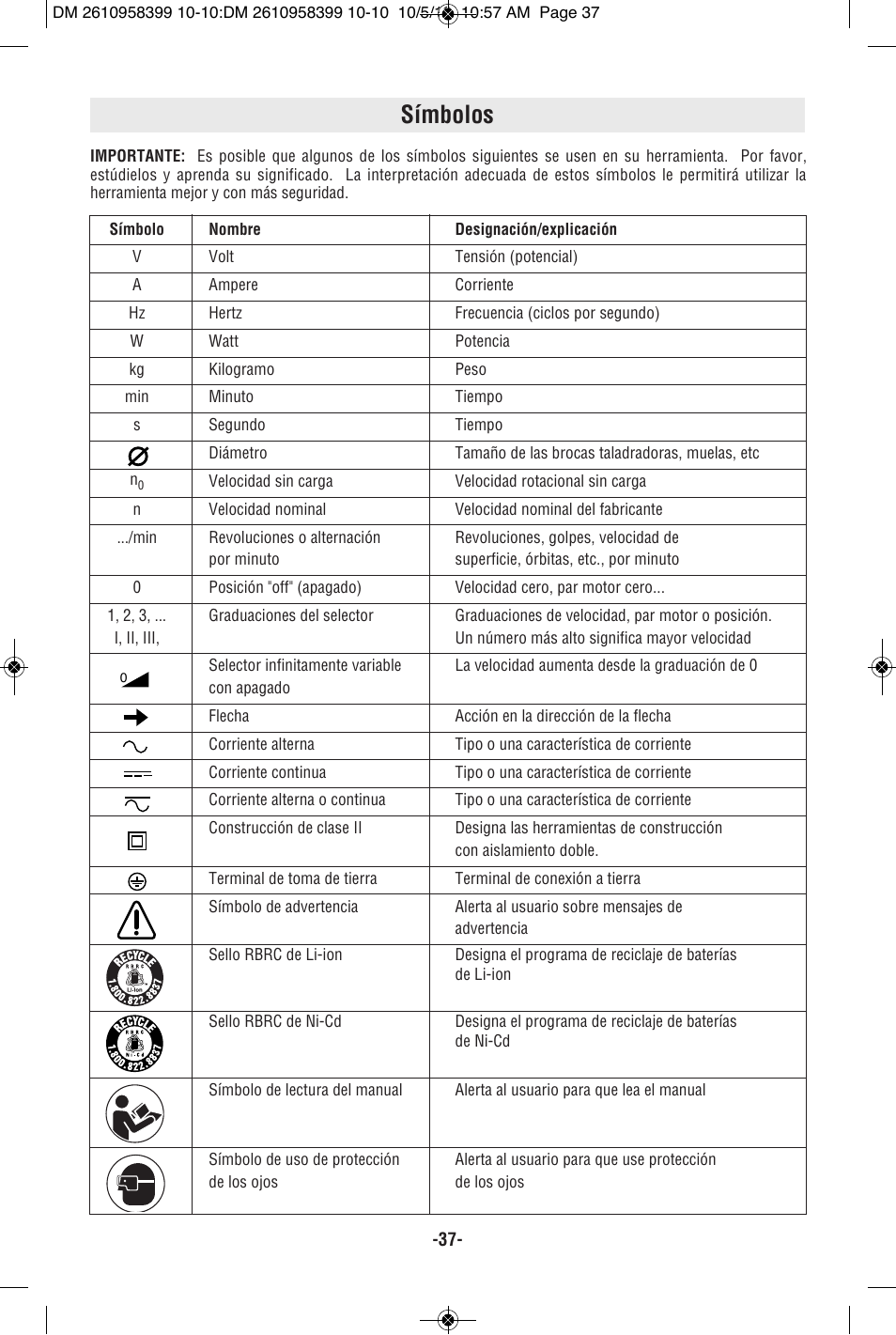 Símbolos | Bosch MX25E User Manual | Page 37 / 52