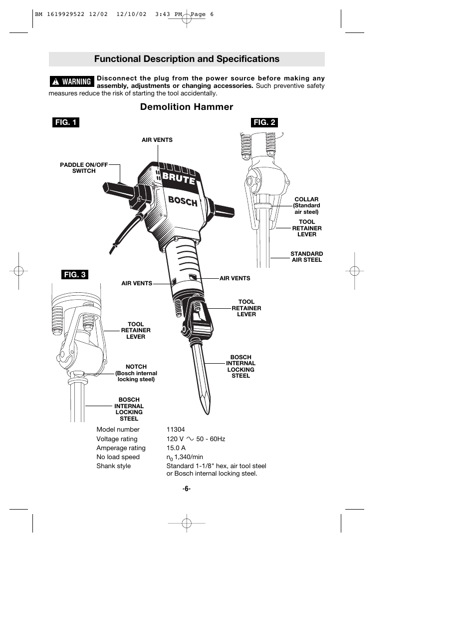 Functional description and specifications, Demolition hammer | Bosch 11304 User Manual | Page 6 / 24