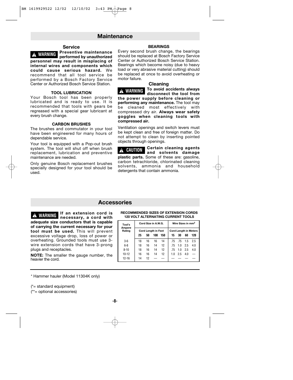 Maintenance, Accessories, Service | Cleaning, Warning, Caution | Bosch 11304 User Manual | Page 8 / 24