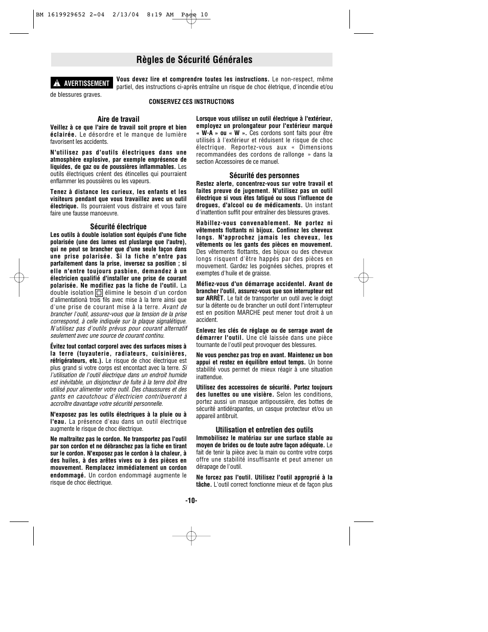 Règles de sécurité générales | Bosch 11320VS User Manual | Page 10 / 28