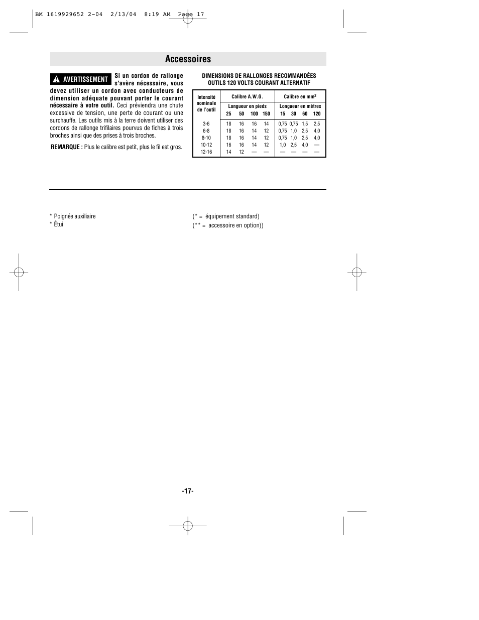 Accessoires, Avertissement | Bosch 11320VS User Manual | Page 17 / 28