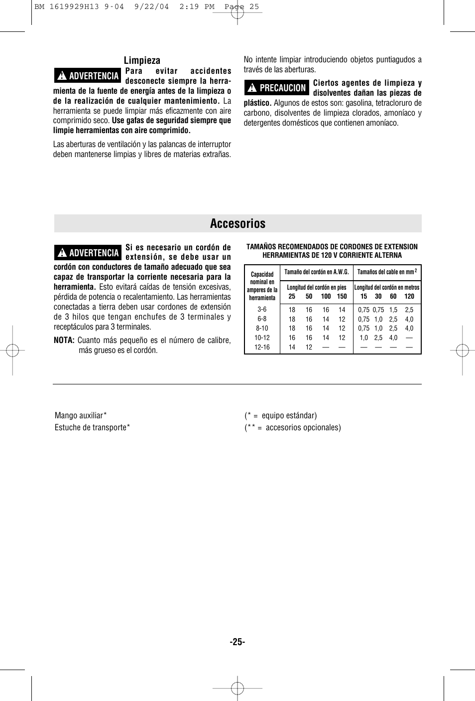 Accesorios, Limpieza, Advertencia | Advertencia ! precaucion | Bosch 11318EVS User Manual | Page 25 / 28