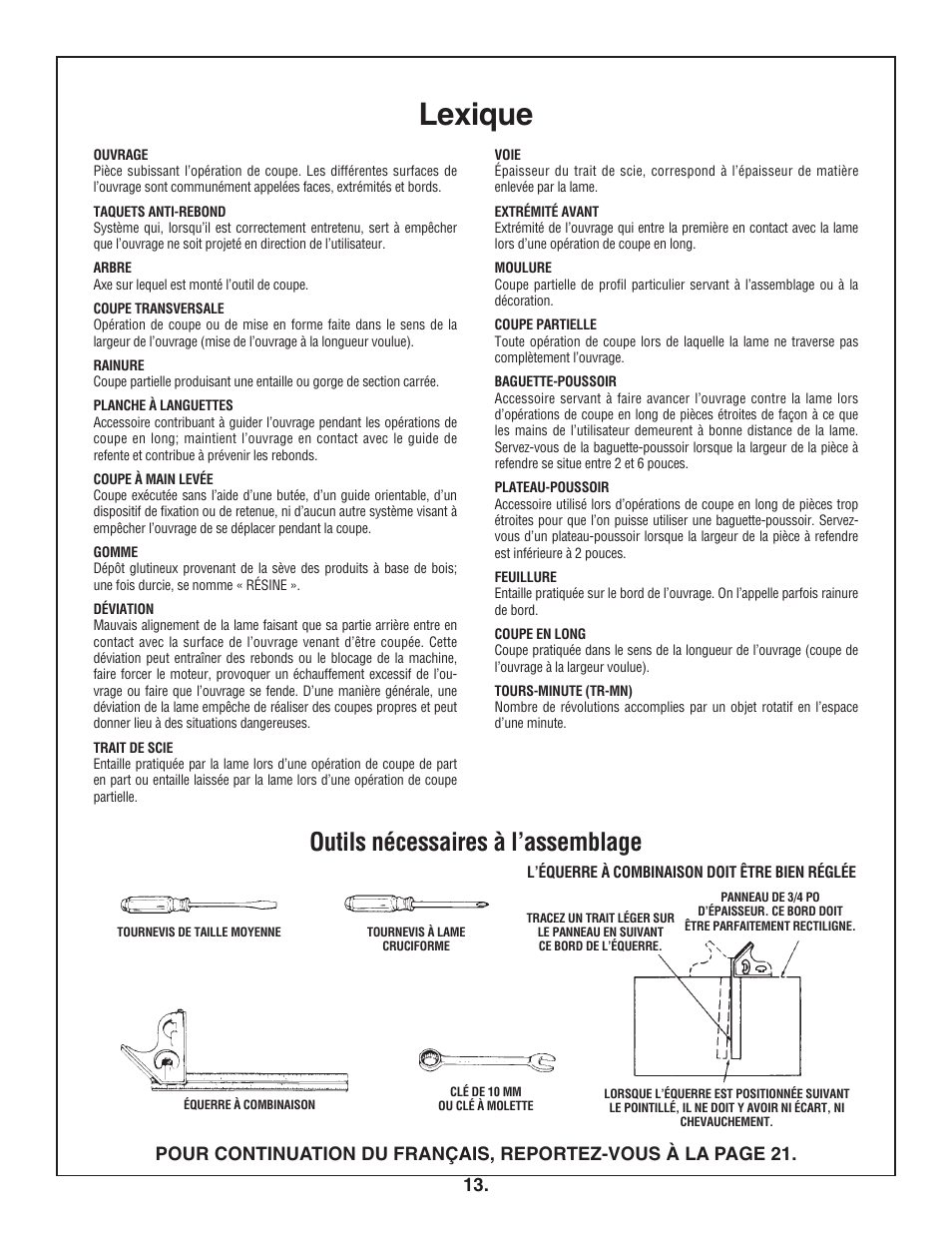 Lexique, Outils nécessaires à l’assemblage | Bosch 4100DG User Manual | Page 13 / 88
