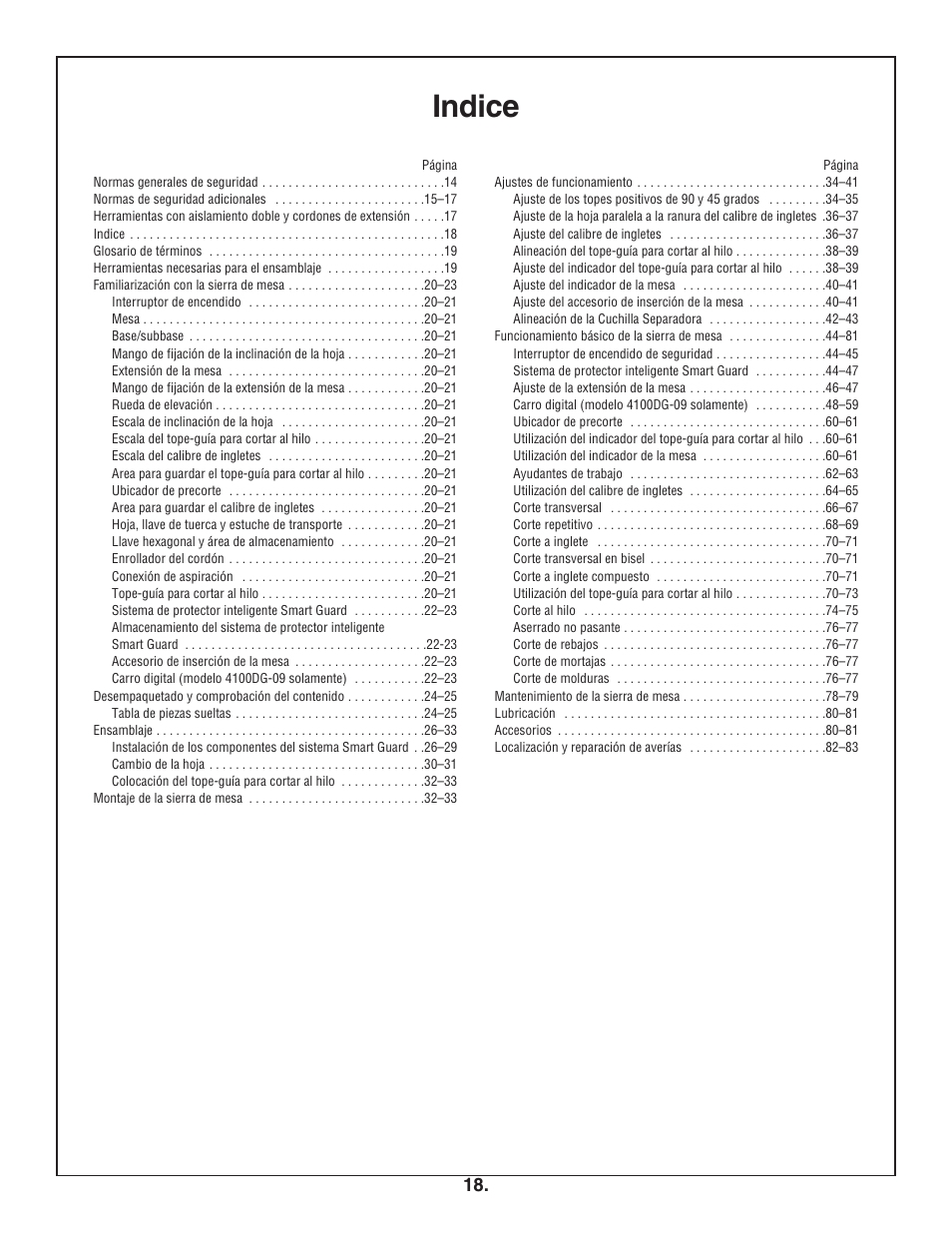 Indice | Bosch 4100DG User Manual | Page 18 / 88
