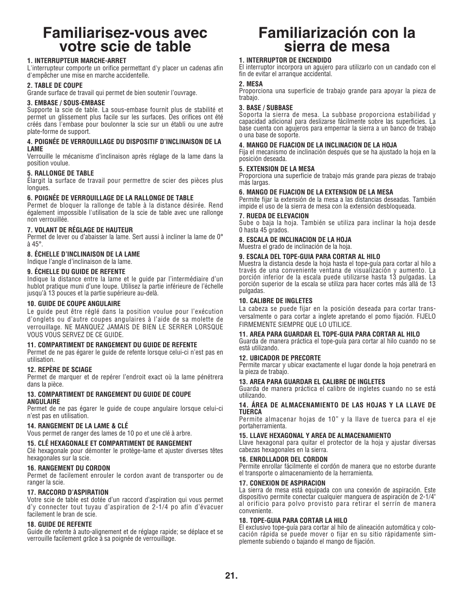 Familiarización con la sierra de mesa, Familiarisez-vous avec votre scie de table | Bosch 4100DG User Manual | Page 21 / 88