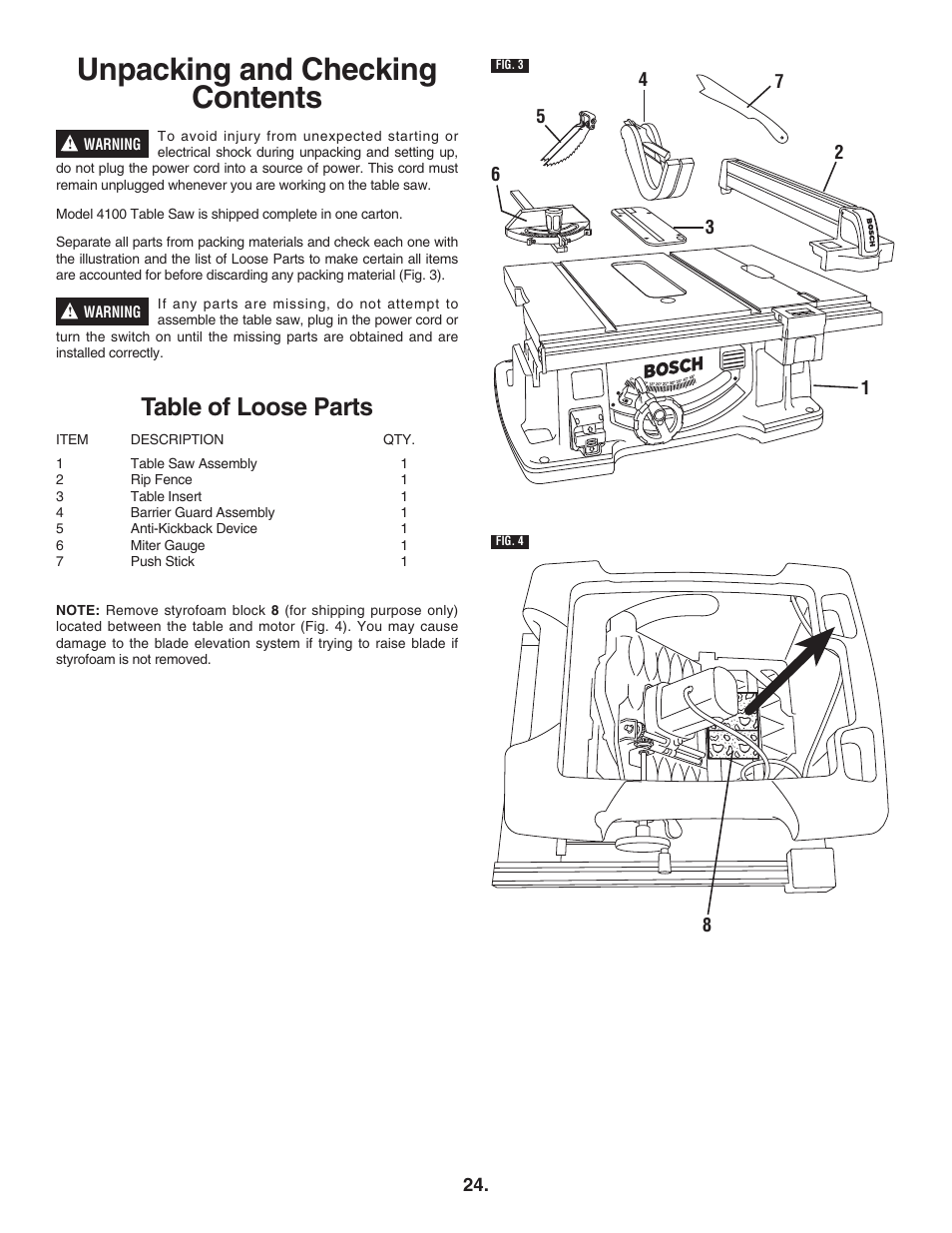 Unpacking and checking contents, Table of loose parts | Bosch 4100DG User Manual | Page 24 / 88