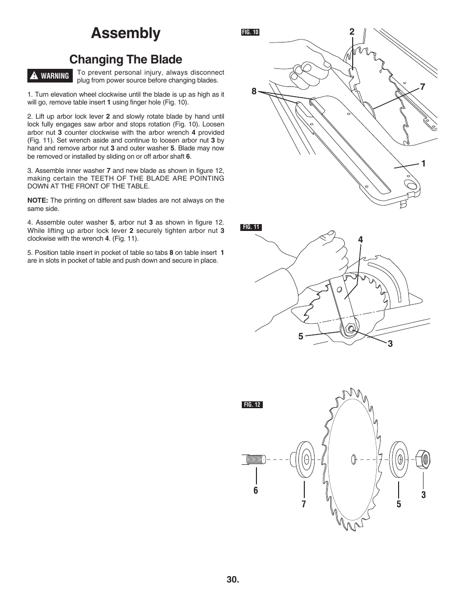 Assembly, Changing the blade | Bosch 4100DG User Manual | Page 30 / 88