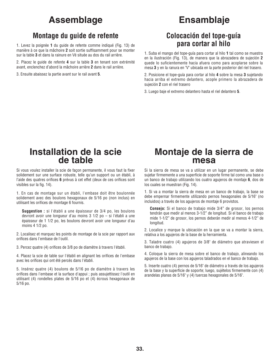Ensamblaje assemblage, Montage du guide de refente, Colocación del tope-guía para cortar al hilo | Bosch 4100DG User Manual | Page 33 / 88