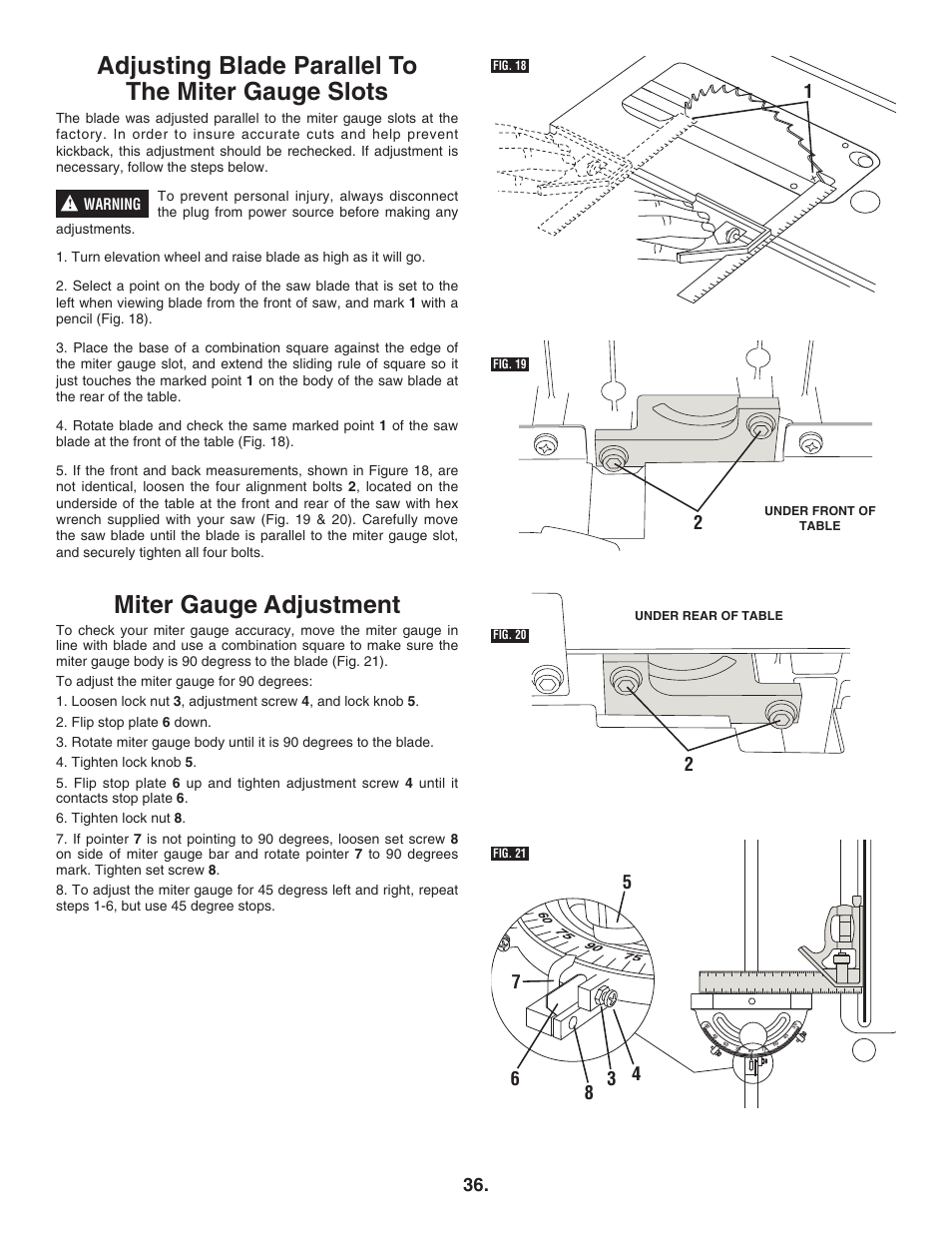 Adjusting blade parallel to the miter gauge slots, Miter gauge adjustment | Bosch 4100DG User Manual | Page 36 / 88