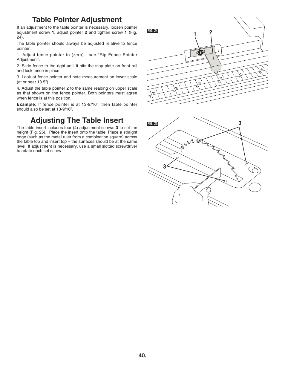 Table pointer adjustment, Adjusting the table insert | Bosch 4100DG User Manual | Page 40 / 88