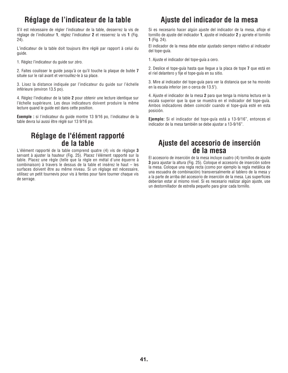 Réglage de l’indicateur de la table, Réglage de l'élément rapporté de la table, Ajuste del indicador de la mesa | Ajuste del accesorio de inserción de la mesa | Bosch 4100DG User Manual | Page 41 / 88