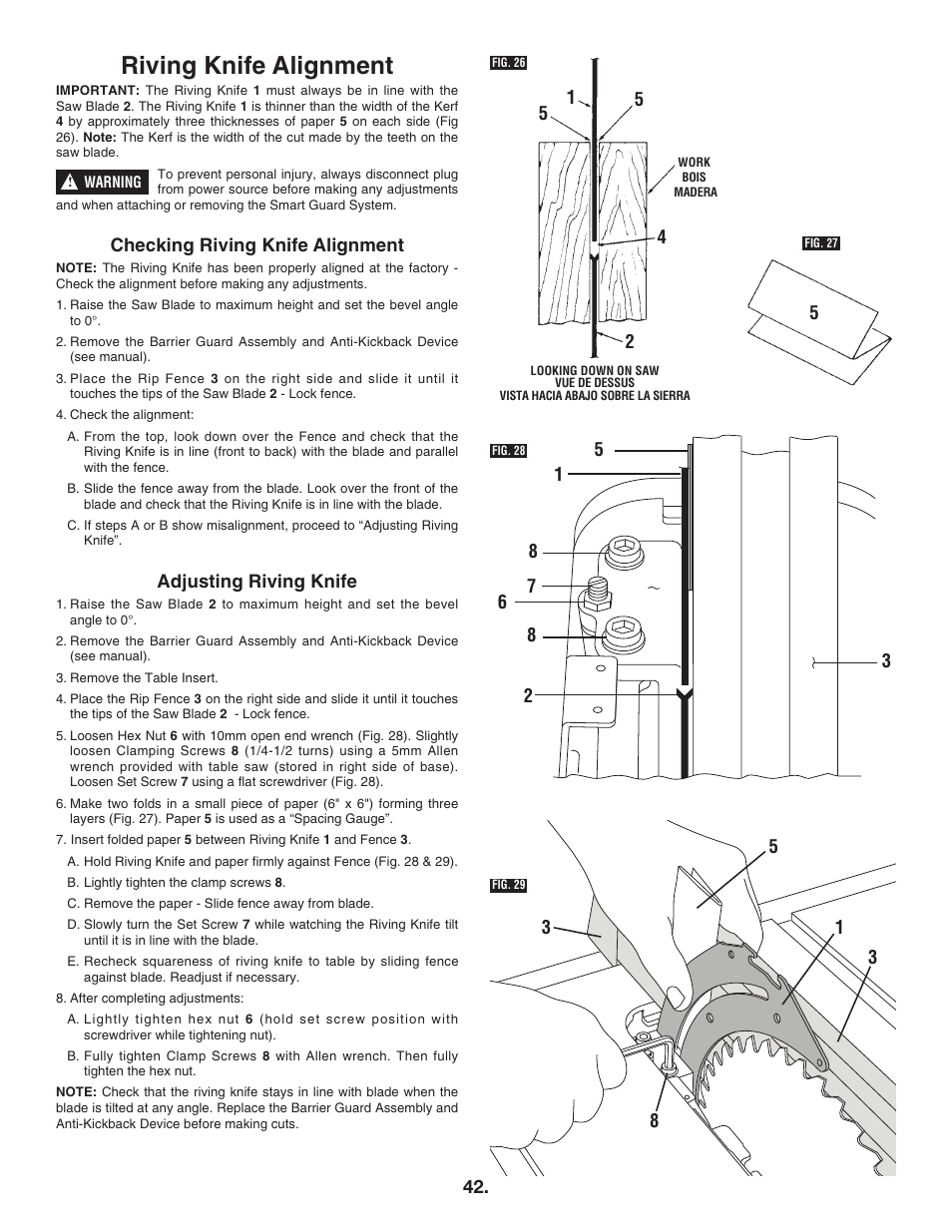 Riving knife alignment, Checking riving knife alignment, Adjusting riving knife | Bosch 4100DG User Manual | Page 42 / 88