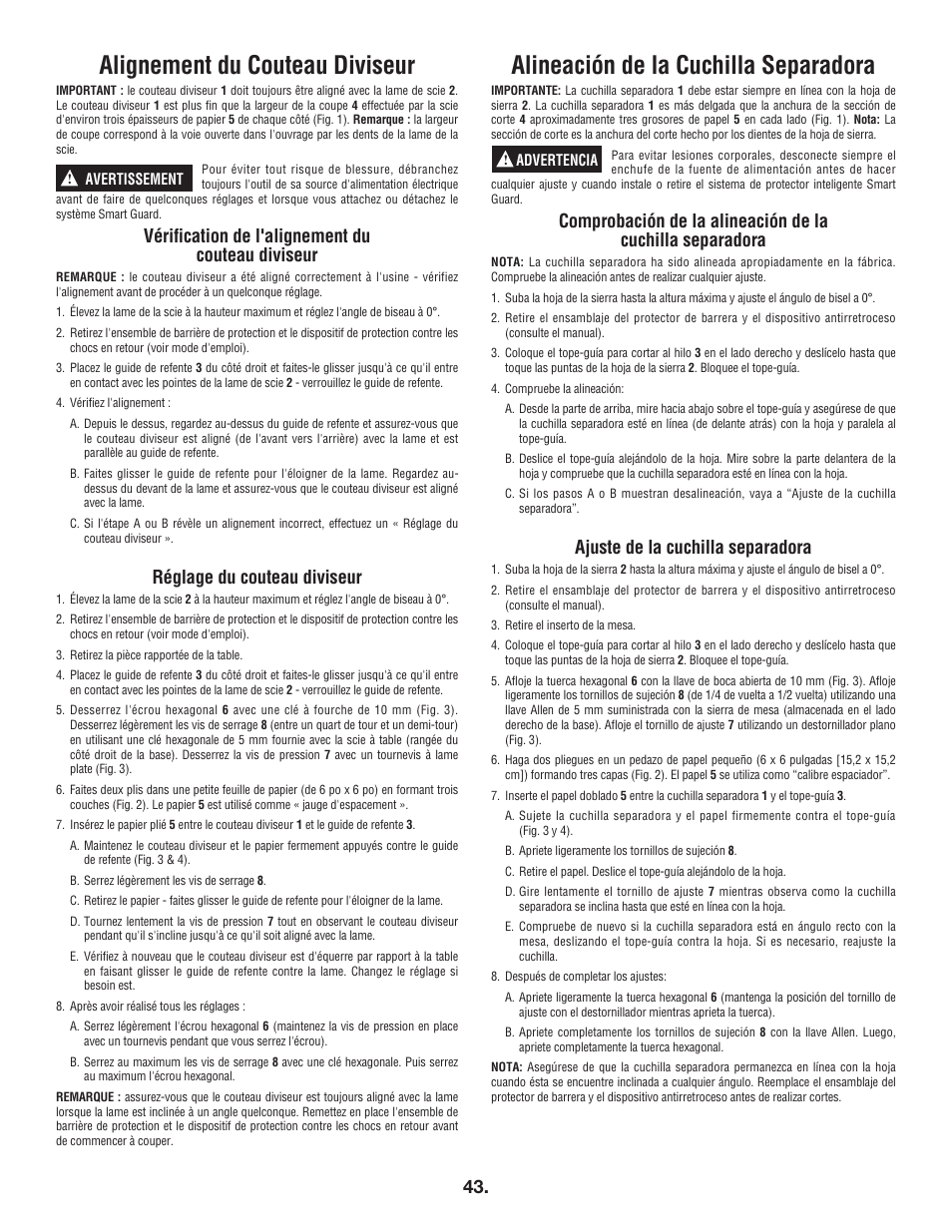 Alignement du couteau diviseur, Alineación de la cuchilla separadora, Vérification de l'alignement du couteau diviseur | Réglage du couteau diviseur, Ajuste de la cuchilla separadora | Bosch 4100DG User Manual | Page 43 / 88