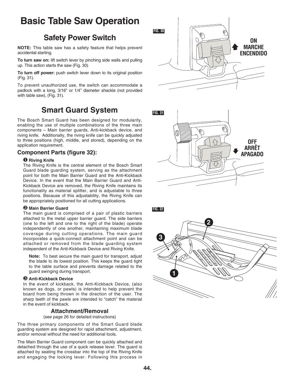 Basic table saw operation, Safety power switch, Smart guard system | Bosch 4100DG User Manual | Page 44 / 88
