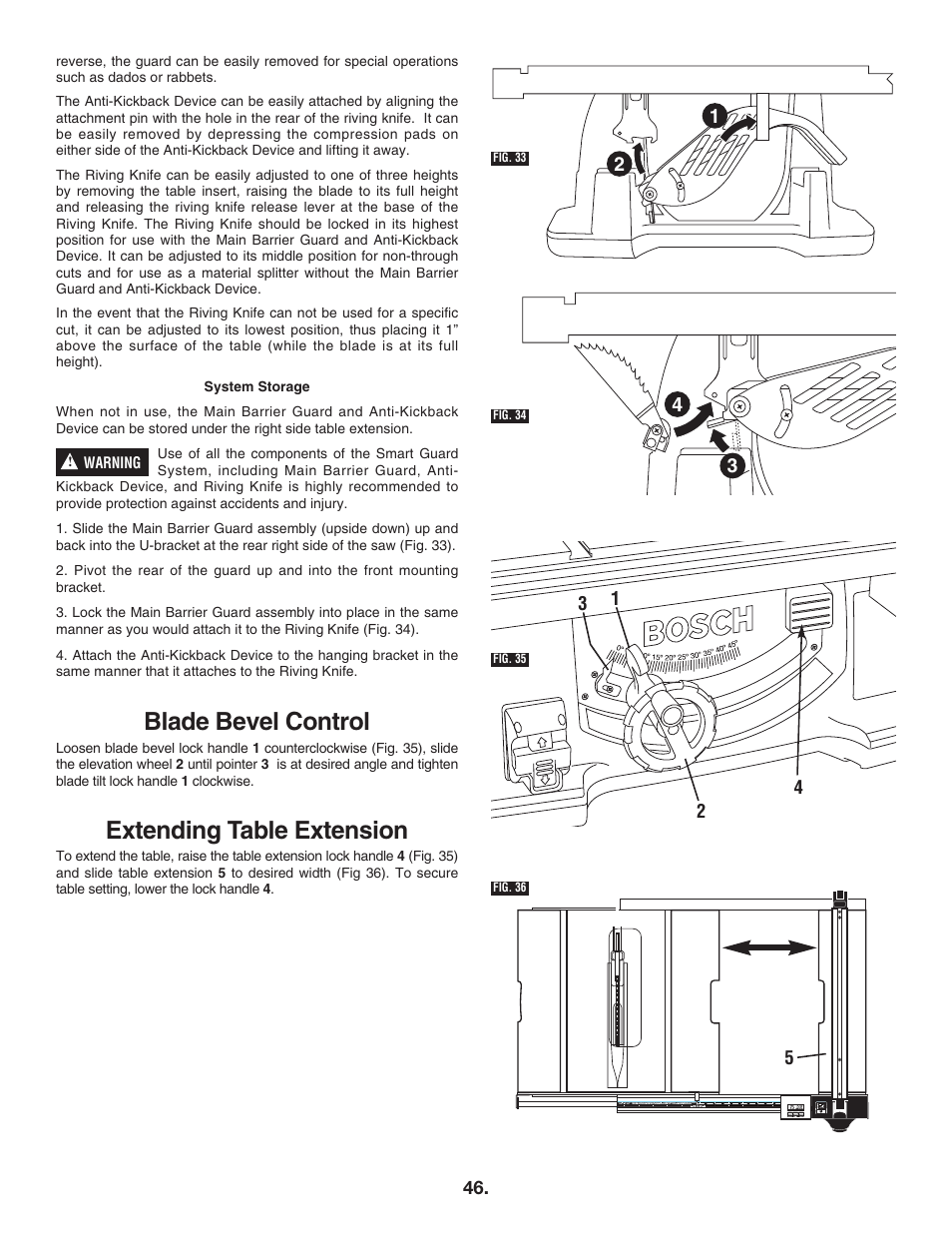 Blade bevel control, Extending table extension | Bosch 4100DG User Manual | Page 46 / 88