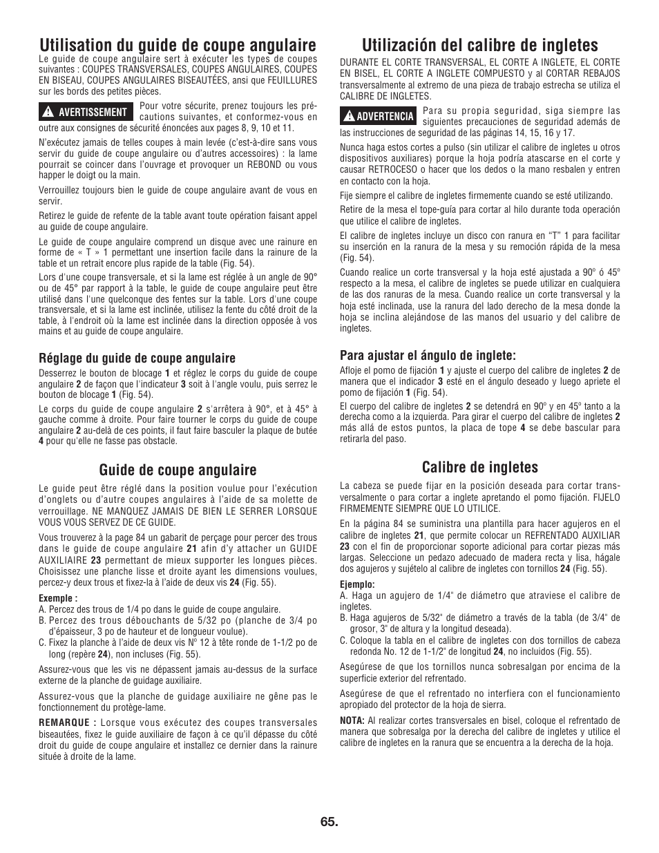 Utilisation du guide de coupe angulaire, Utilización del calibre de ingletes, Guide de coupe angulaire | Calibre de ingletes, Réglage du guide de coupe angulaire, Para ajustar el ángulo de inglete | Bosch 4100DG User Manual | Page 65 / 88