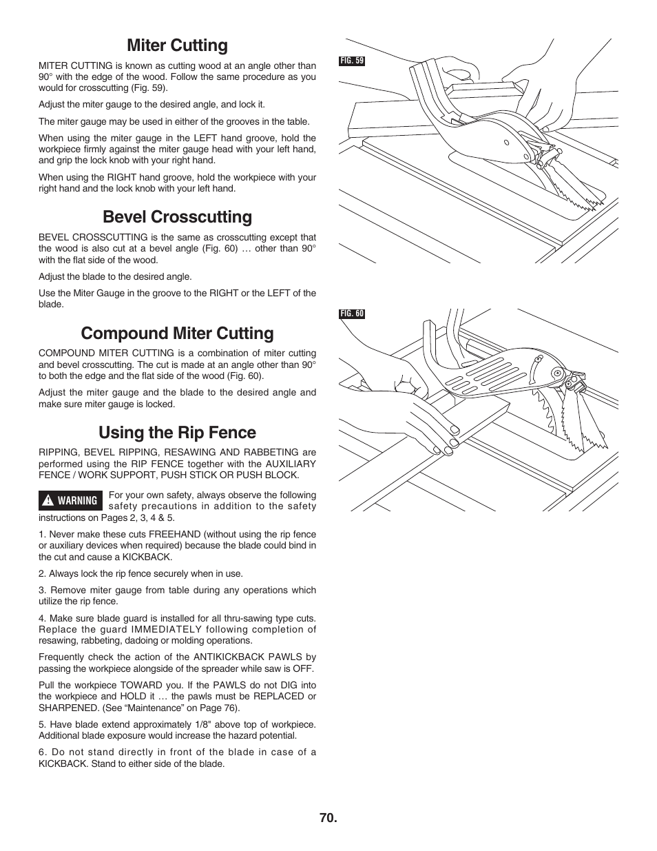 Miter cutting, Bevel crosscutting, Compound miter cutting | Using the rip fence | Bosch 4100DG User Manual | Page 70 / 88