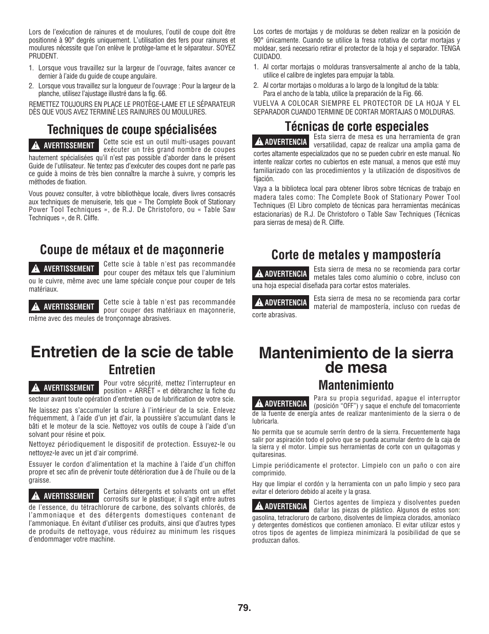 Mantenimiento de la sierra de mesa, Entretien de la scie de table, Corte de metales y mampostería | Técnicas de corte especiales, Mantenimiento, Techniques de coupe spécialisées, Entretien, Coupe de métaux et de maçonnerie | Bosch 4100DG User Manual | Page 79 / 88