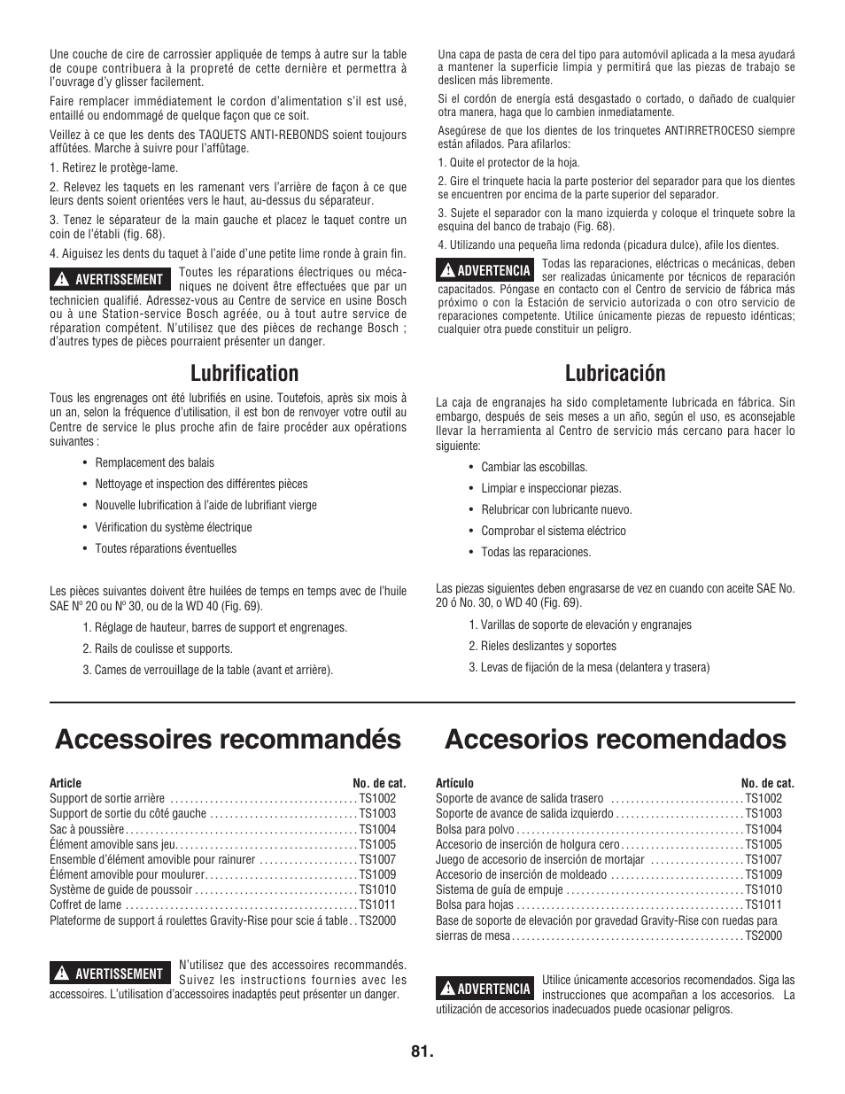 Accesorios recomendados, Accessoires recommandés, Lubricación | Lubrification | Bosch 4100DG User Manual | Page 81 / 88