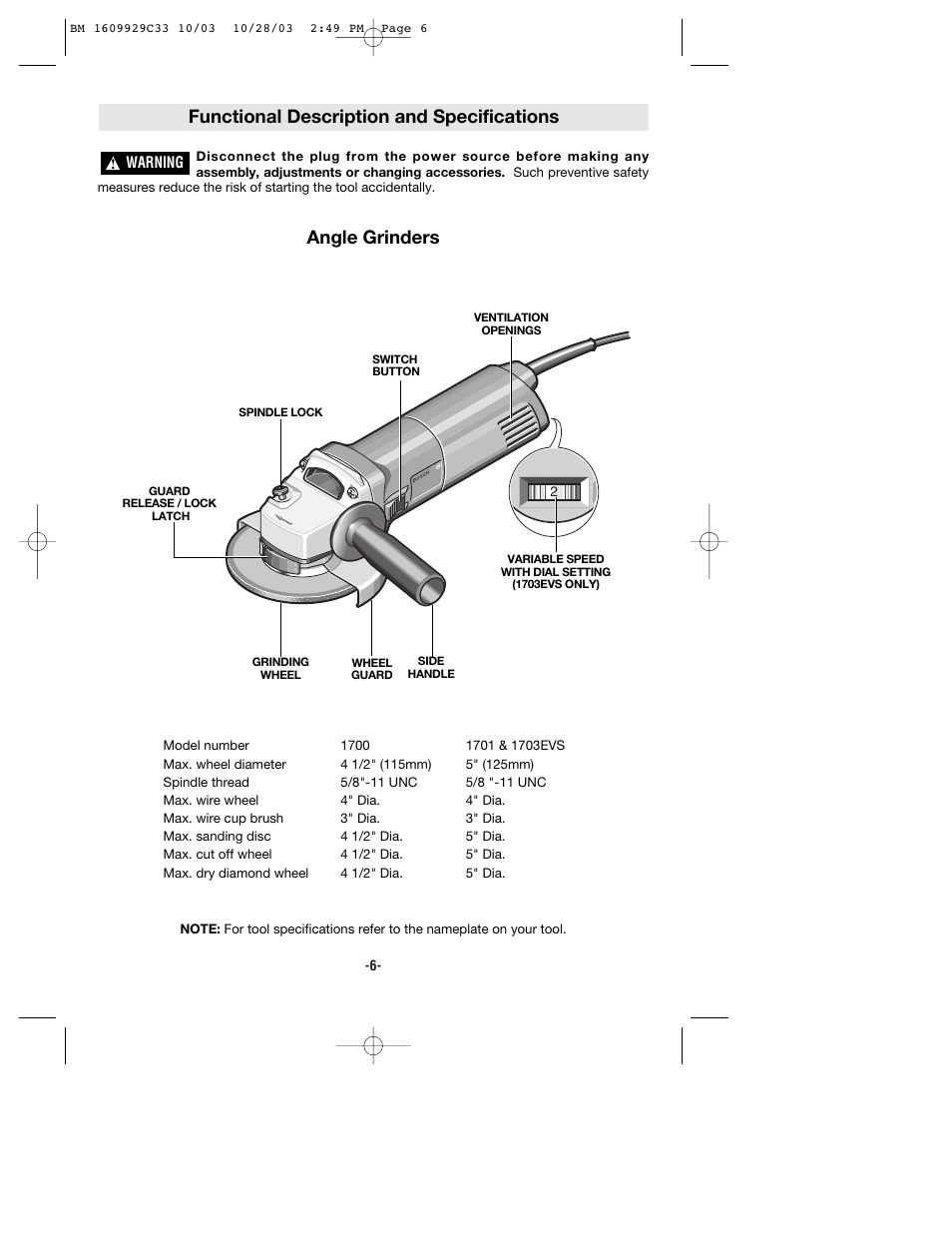 Functional description and specifications, Angle grinders | Bosch 1700 User Manual | Page 6 / 36