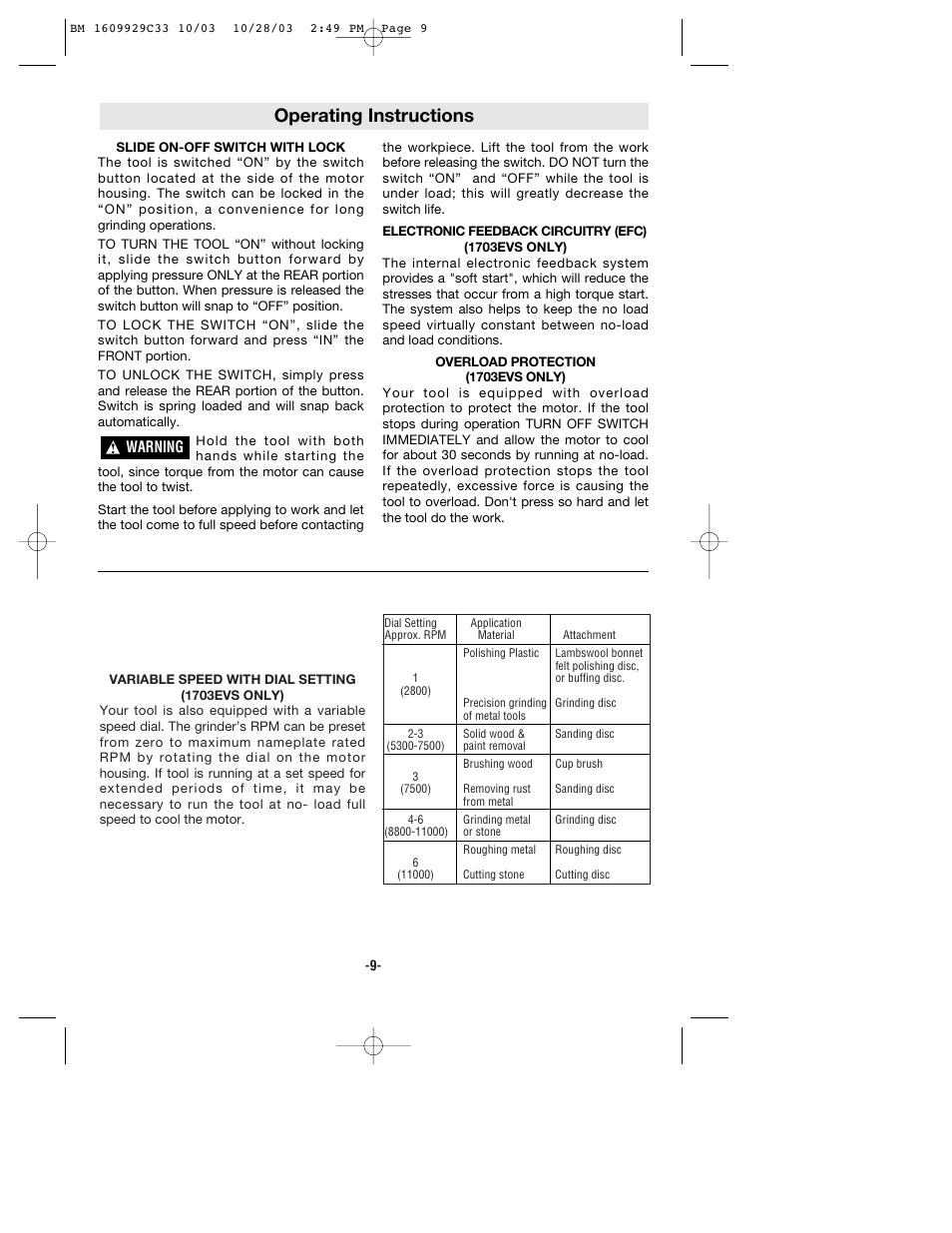 Operating instructions | Bosch 1700 User Manual | Page 9 / 36