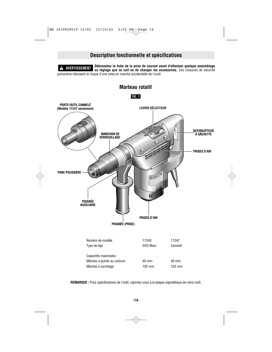 Description fonctionnelle et spécifications, Marteau rotatif | Bosch 11247 User Manual | Page 14 / 28