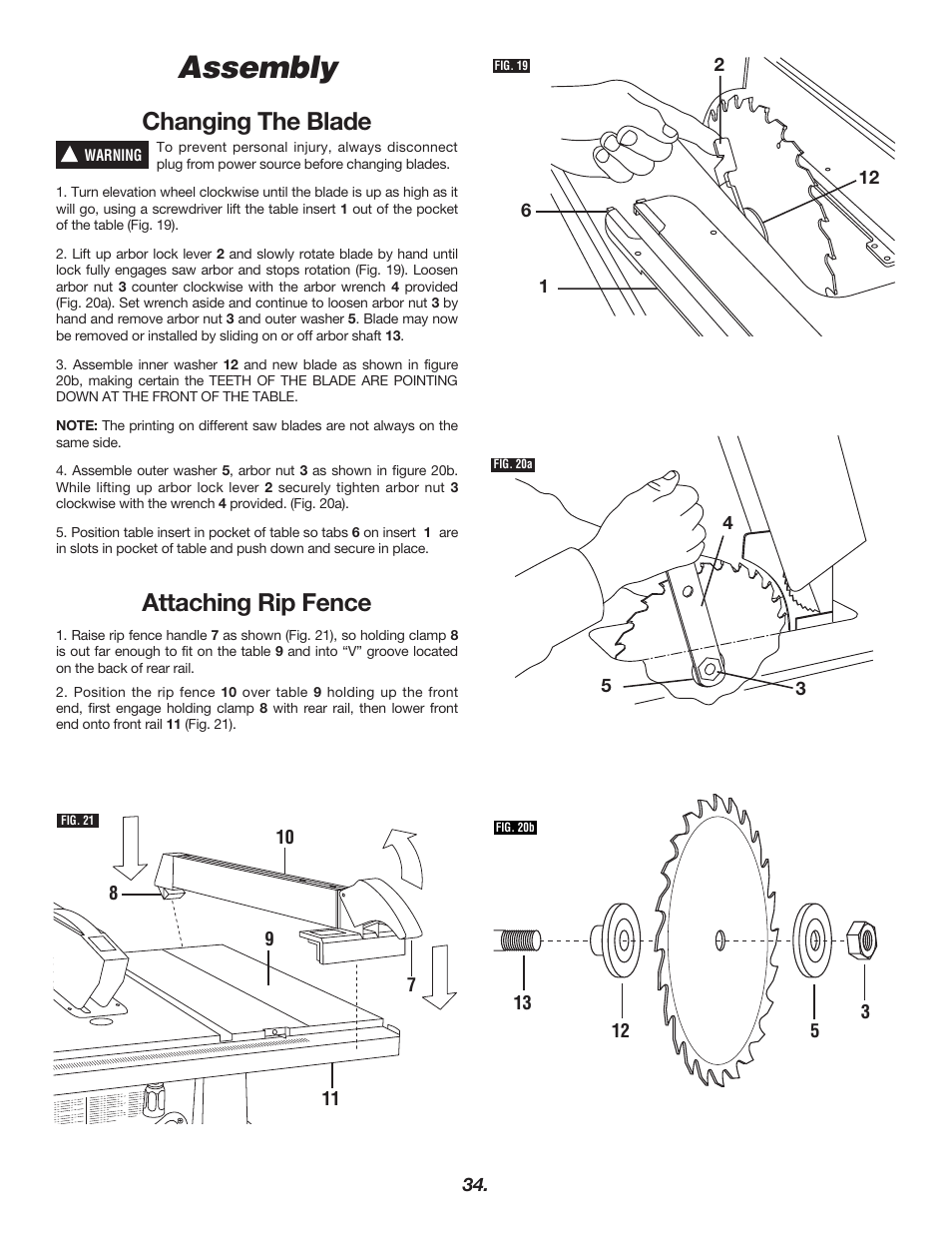 Assembly, Changing the blade, Attaching rip fence | Bosch 4000 User Manual | Page 34 / 68