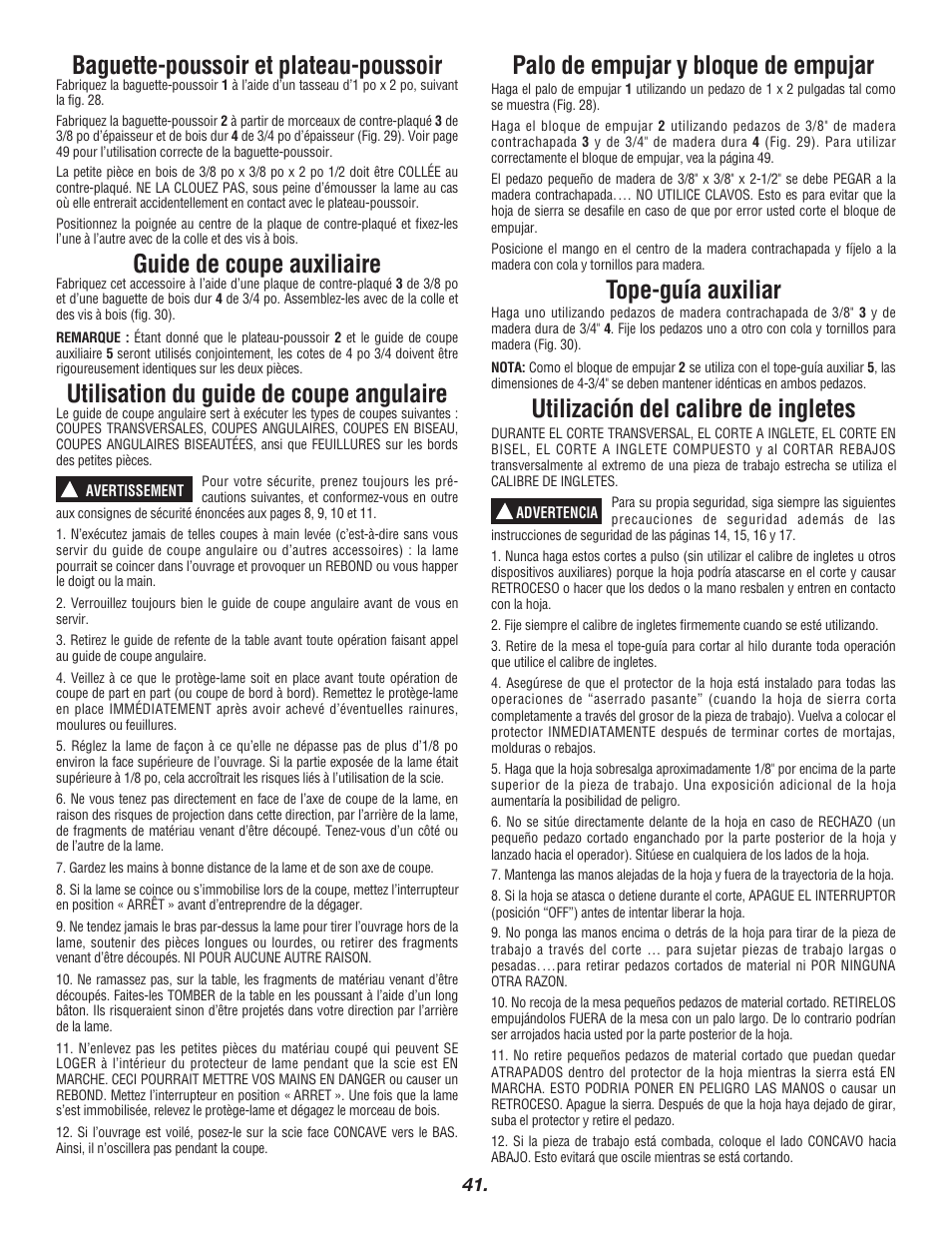 Baguette-poussoir et plateau-poussoir, Guide de coupe auxiliaire, Utilisation du guide de coupe angulaire | Palo de empujar y bloque de empujar, Tope-guía auxiliar, Utilización del calibre de ingletes | Bosch 4000 User Manual | Page 41 / 68