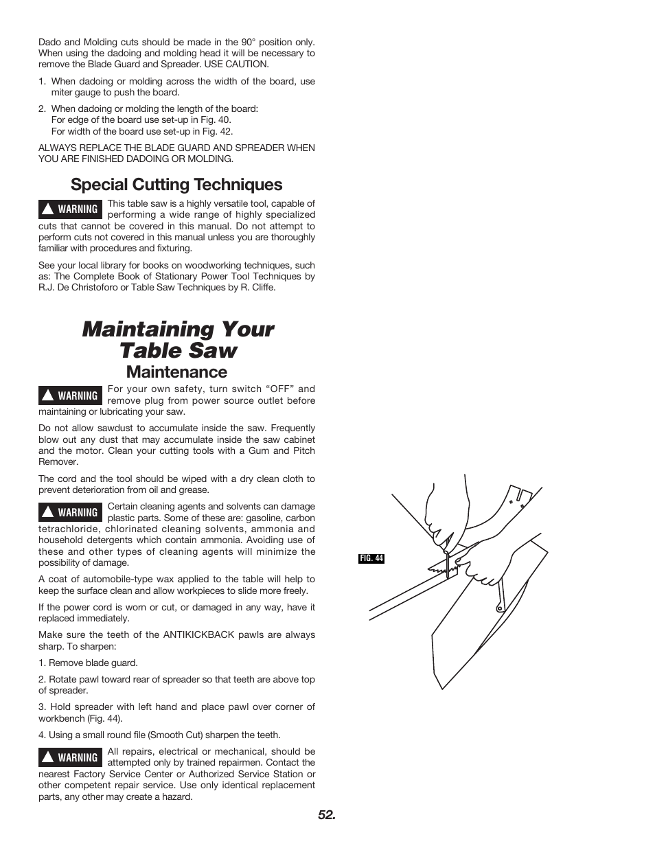 Maintaining your table saw, Special cutting techniques, Maintenance | Bosch 4000 User Manual | Page 52 / 68