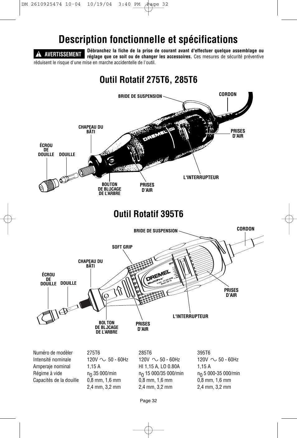 Description fonctionnelle et spécifications, Outil rotatif 395t6 | Bosch 275T6 User Manual | Page 32 / 92