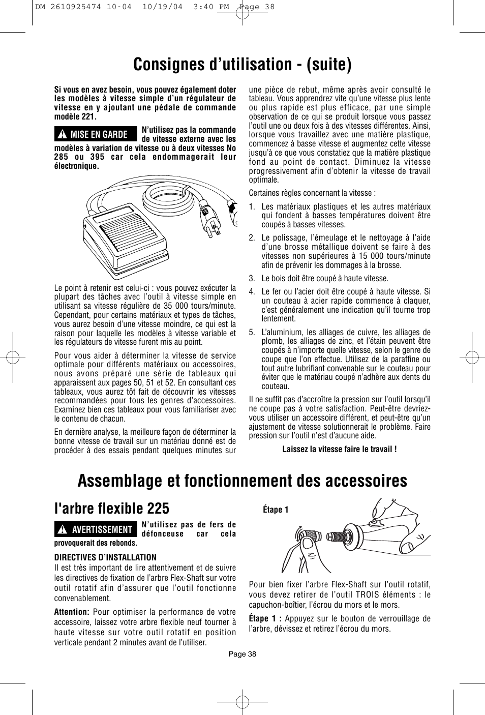 Assemblage et fonctionnement des accessoires, Consignes d’utilisation - (suite), L'arbre flexible 225 | Bosch 275T6 User Manual | Page 38 / 92